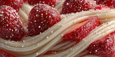 Delicious dessert featuring fresh strawberries and creamy pasta-like strands on a plated dish photo