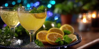 Refreshing citrus drinks served on a decorative tray with vibrant lights in the background at an evening gathering photo