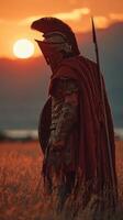 Warrior stands in a golden field at sunset, capturing the essence of ancient battles and valor in this striking moment photo