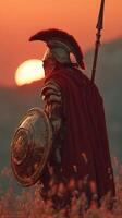 Glorious sunset with a proud warrior clad in armor standing on a hillside with a shield and spear in hand photo