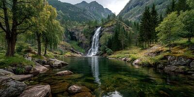 Waterfall cascades into a tranquil lake surrounded by lush greenery in a mountainous landscape photo