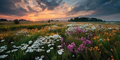 Colorful wildflower meadow at sunset with vibrant skies and lush grasslands in late spring photo