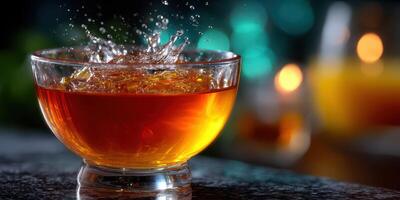 Refreshing drink splashes in a glass creating ripples during an evening gathering at a cozy bar photo