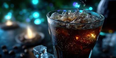 Refreshing beverage in a glass with ice, surrounded by flickering candlelight in a cozy atmosphere photo