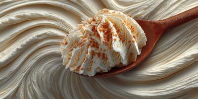 Whipped cream on a wooden spoon with a creamy swirl backdrop capturing culinary delight in a cozy kitchen photo
