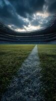 Empty stadium under cloudy sky with marked field waiting for the game to begin in the evening light photo