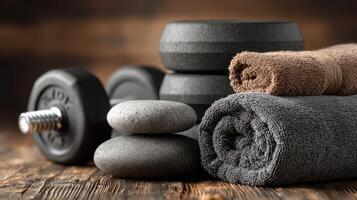 Workout essentials include weights, towels, and smooth stones arranged on wooden surface photo
