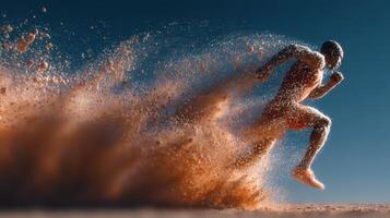 Dynamic runner kicking up dust on a sunlit track during a training session photo