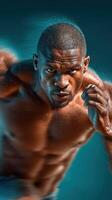 Intense runner showcasing strength and determination during a sprinting workout in a dynamic training environment photo