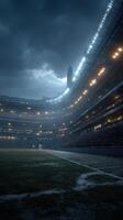 Stadium illuminated by dramatic lights during a night football match with towering clouds above and a lively crowd below photo
