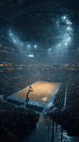 Massive crowd attends an exhilarating basketball game in an indoor arena with vibrant lights and energetic atmosphere photo