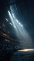 Exciting atmosphere in a large arena with focused lights and anticipation before an upcoming event photo