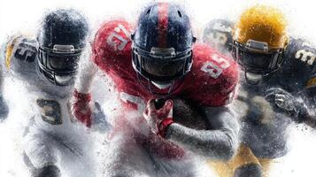 Intense moment of football players competing during a game on the field with dynamic motion photo