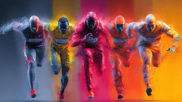 Diverse athletes sprinting with vibrant energy at a competitive track event during the day photo