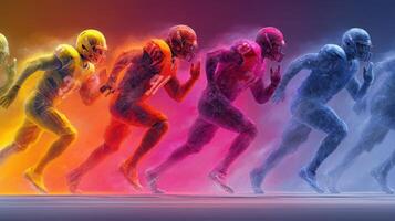 Dynamic portrayal of football players in action during a competitive match at sunset photo