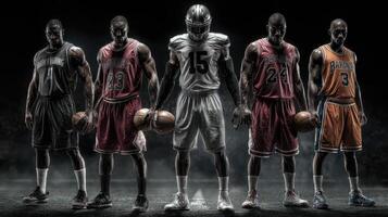 Dynamic basketball players showcasing strength and teamwork during an intense game in a dark arena setting photo