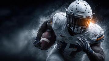 Dynamic football player sprinting with determination and focus during a night game in a high-energy atmosphere photo
