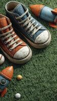 Vintage sneakers and playful toys on green grass surface during a sunny afternoon in a lively backyard setting photo