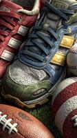 Vintage sports footwear and equipment displayed on grass terrain at a local sporting event photo