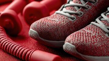 Fitness gear featuring red athletic shoes and weights for a workout routine at a gym or home exercise space photo
