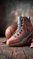 Vintage basketball shoe beside a worn basketball on a weathered wooden surface in soft light photo
