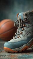 Unique sneaker on display near a basketball, highlighting vibrant design and texture in a cozy indoor setting photo