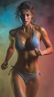 Fitness enthusiast sprinting in athletic swimwear, illuminated by colorful lights during a dynamic workout session photo