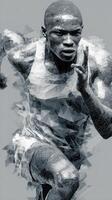 Dynamic runner in geometric abstraction sprinting on a gray background during a competitive athletic event photo