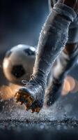Dynamic soccer player dribbles a ball on a wet field during a rainy evening match photo