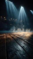 Stage illuminated by dramatic lighting and smoke during a performance at a theater photo