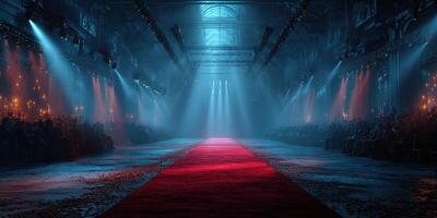 Dramatic runway setup in an atmospheric venue filled with anticipation for a fashion show event photo