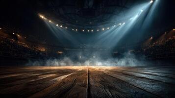 Dramatic arena stage illuminated by beams of light with an energized audience in the background photo
