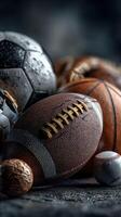 Various sports balls including a football, baseball, basketball, and soccer ball arranged on a textured surface photo