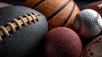 Different types of sports balls arranged closely on a dark background showcasing textures and colors photo