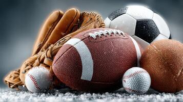Various sports balls and equipment arranged artistically on a textured surface during indoor twilight hours photo