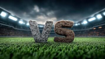 Competition between teams depicted by textured letters in a stadium during a match under dramatic lighting photo