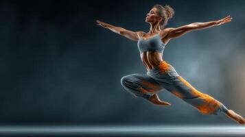 Dynamic dancer leaps gracefully against a dramatic backdrop, showcasing strength and elegance during a performance practice photo