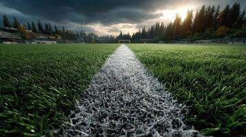 Soccer field under a dramatic sky at sunset with a focus on the grass and line marking the goal area photo