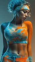Vibrant athletic model showcasing colorful body art in energetic pose during a creative performance photo