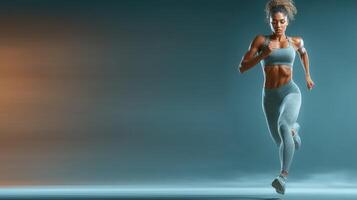 Athlete runs swiftly in a dynamic training session with vibrant lighting effects in a fitness studio photo