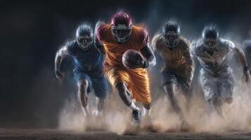 Dynamic football players sprinting in a dramatic chase during an intense game at dusk with dust rising photo