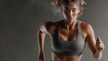 Woman sprinting energetically in a workout setting, demonstrating determination and strength photo