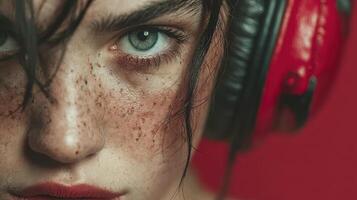 Portrait of a person with freckles listening to music with red headphones against a vibrant background photo