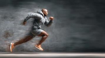 Dynamic athlete sprinting forward in an urban setting during early morning photo