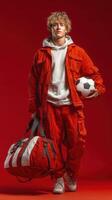 Young athlete poses confidently in bright red sportswear with a soccer ball and bag against a bold background photo