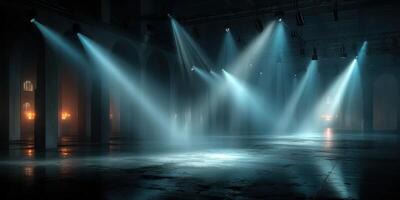 Rain of light beams creates an ethereal atmosphere in an abandoned industrial space during the night photo