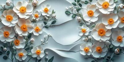 Beautiful white and orange flowers arranged artistically on a textured background in a serene setting photo