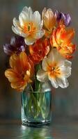 Vibrant tulips arranged in a clear vase capturing the beauty of spring photo