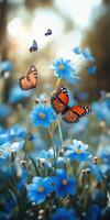 Colorful butterflies fluttering among vibrant blue flowers in a serene garden setting during springtime photo