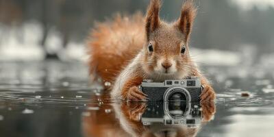 Squirrel holds a vintage camera while floating on water in a forest setting during a calm autumn day photo